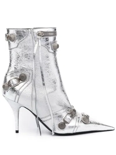 Balenciaga Cagole Leather Ankle Boots In Silver