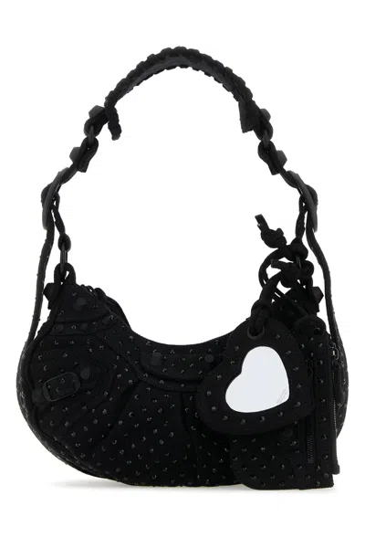 Balenciaga Embellished Denim Le Cagole Xs Shoulder Bag In Black