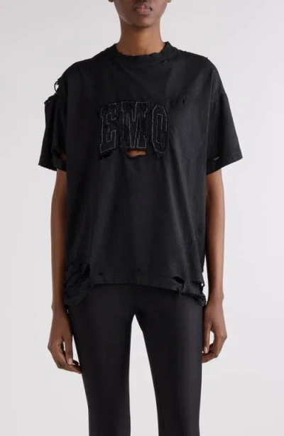 Balenciaga Boxy Distressed Emo Embroidered T-shirt In Black