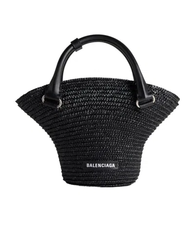 Balenciaga Braided-raffia Mini Tote Bag In Black