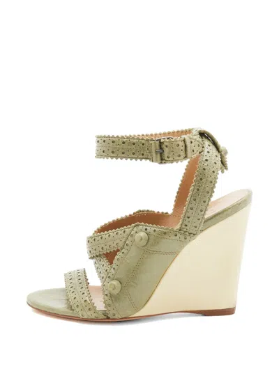 Pre-owned Balenciaga Brogue Strappy Wedge-heel Leather Sandals In Green