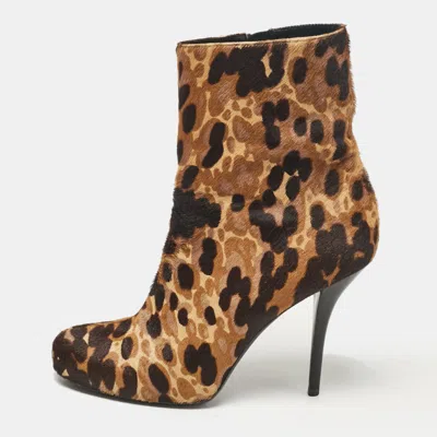 Pre-owned Balenciaga Brown Leopard Print Calf Hair Ankle Boots Size 39.5