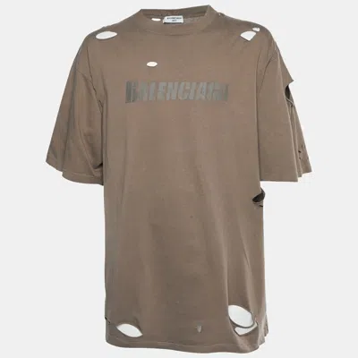 Pre-owned Balenciaga Brown Logo Graphic Distressed Jersey T-shirt M