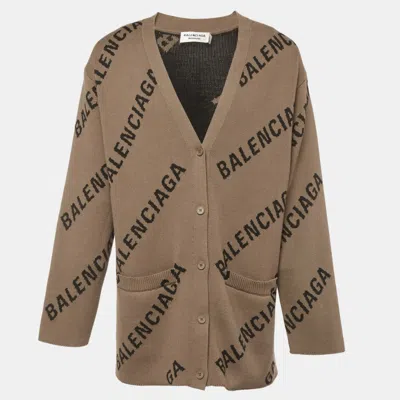 Pre-owned Balenciaga Brown Logo Intarsia Knit Oversized Cardigan M