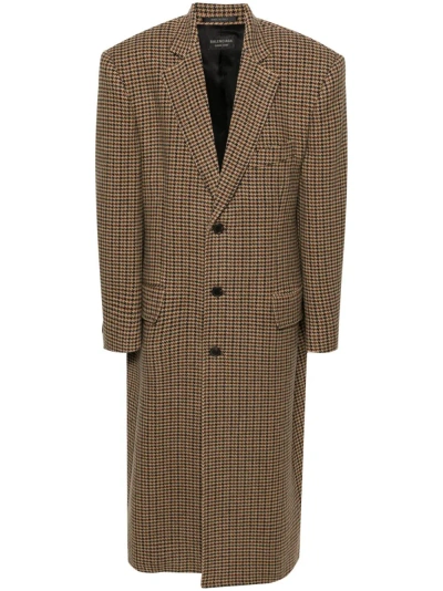 Balenciaga Brown Single-breasted Houndstooth Coat In Grey