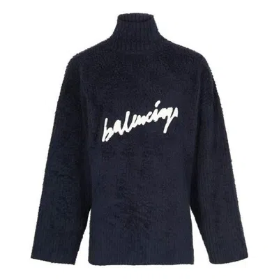 Balenciaga Brushed Cotton Scribble Logo Turtleneck Jersey Sweater 'navy' In Blue