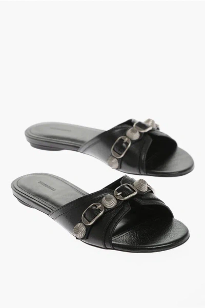 Balenciaga Buckles Details Cagole Leather Sliders In Black