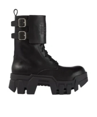 Balenciaga Bulldozer Debossed Leather Combat Boots In Black