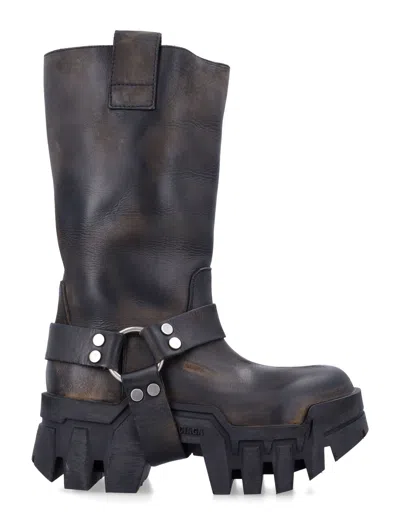 Balenciaga Black Leather Bulldozer Harness Ankle Boots With 8 Cm Plateau Heel