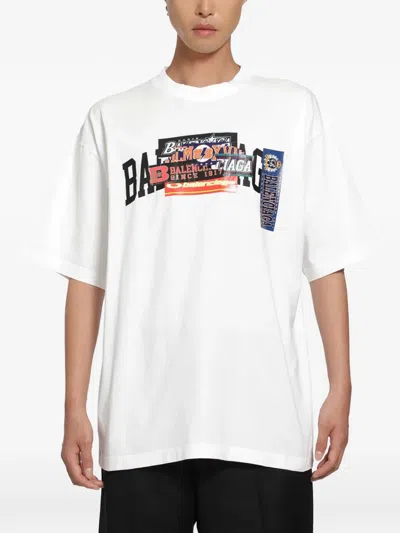 Balenciaga Bumper Stickers Medium Logo-print Cotton T-shirt In White