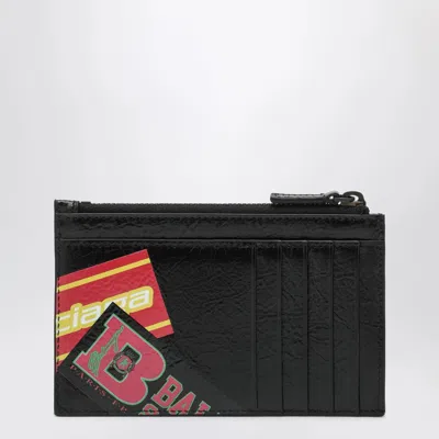Balenciaga Bumper Stickers Leather Zip Cardholder In Black