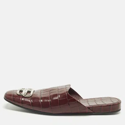 Pre-owned Balenciaga Burgundy Croc Embossed Leather Cosy Bb Flats Mules Size 40