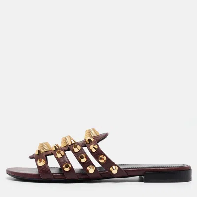 Pre-owned Balenciaga Burgundy Leather Studded Arena Flat Slides Size 36