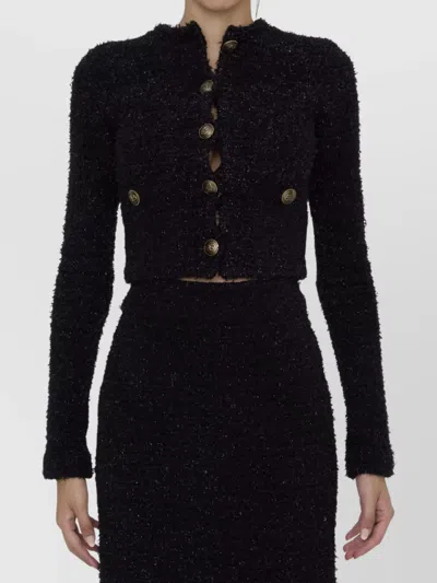 Balenciaga Button Detailing Tweed Cropped Cardigan In Black