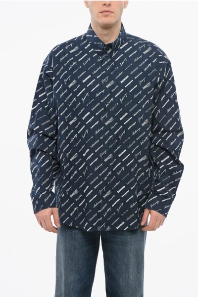 Balenciaga Button-down Printed Cotton Shirt With Monogram Pattern In Blau