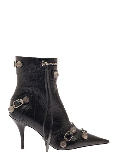 Balenciaga 'cagole' Black Pointed Bootie With Studs And Buckles In Leather Woman In Multicolor