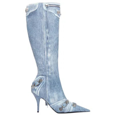 Pre-owned Balenciaga Cagole Blue Denim Printed Leather Silver Stud Moto Tall Boots Eu37