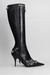 Balenciaga Cagole White Pointed High-boots With Studs And Buckles In Leather Woman In Black