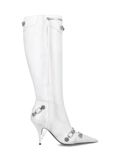 Balenciaga Cagole Leather Knee Boots With Stiletto Heel In White