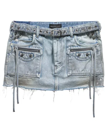 Balenciaga Distressed Denim Mini Skirt Fringes Edge In Blue