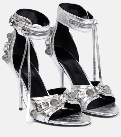 Balenciaga Cagole Embellished Leather Sandals In Silver