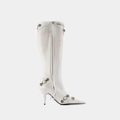 Balenciaga Cagole Leather Knee Boots With Stiletto Heel In White