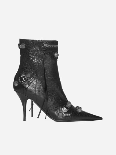Balenciaga Cagole Leather Ankle Boots In Black,silver