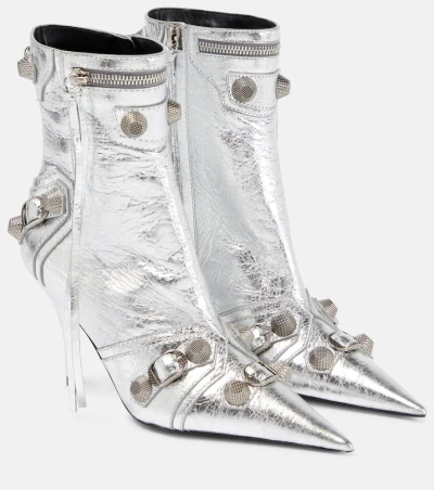 Balenciaga Cagole Leather Ankle Boots In Silver