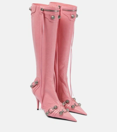 Balenciaga Cagole Leather Knee-high Boots In Sweet Pink/silver