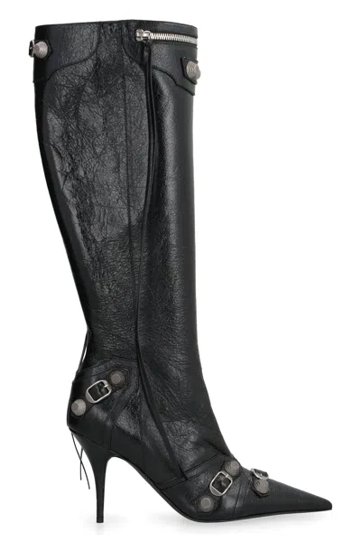 Balenciaga Cagole Leather Pointy-toe Boots In Black