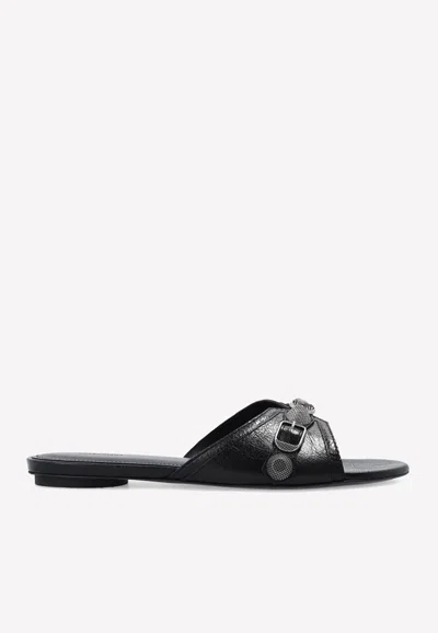 Balenciaga Cagole Slides In Leather In Black