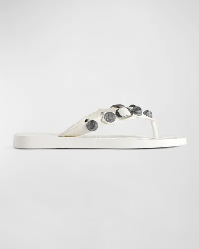 Balenciaga Cagole Studded Flip Flop Sandals In White/ Silver