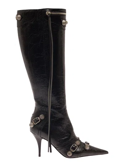 Balenciaga Cagole White Pointed High-boots With Studs And Buckles In Leather Woman In Black