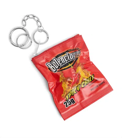 Balenciaga Calf Leather Chips Keyring In Red