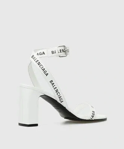 Pre-owned Balenciaga Calfskin Logo Block Heel Sandal 'white' In White,black
