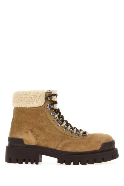 Balenciaga Camel Suede Winter Ankle Boots In Animal Print