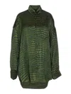 Balenciaga Crocodile Print Satin Button Down Cocoon Blouse In Green