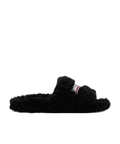 Balenciaga Furry Logo-embroidered Faux Shearling Slides In 