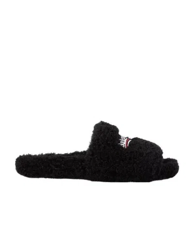 Balenciaga Campaign-logo Faux-shearling Slides In Black