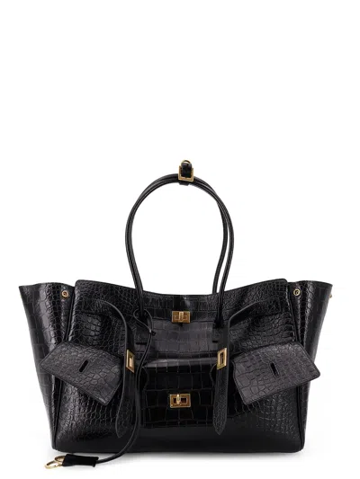 Balenciaga Carry All Bel Air Leather Shoulder Bag With Croco Effect In Black