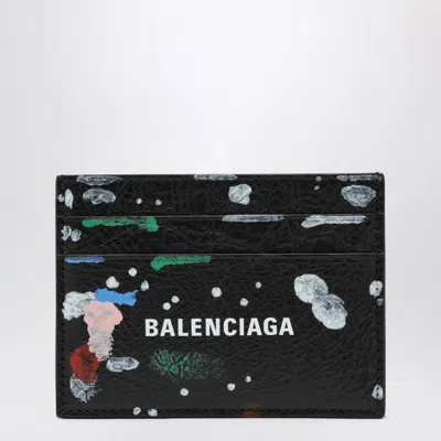 Balenciaga Cash Leather Card Holder With Painter's Print In Black