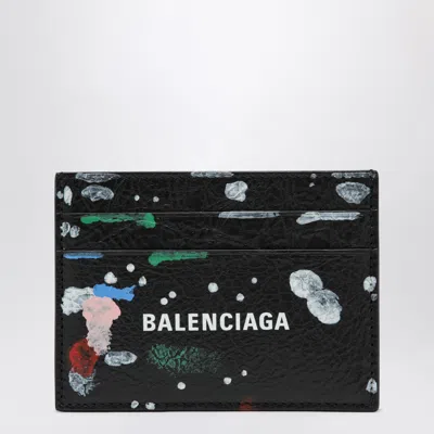 Balenciaga Cash Leather Card Holder With Painter's Print In Black