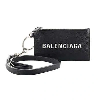 Pre-owned Balenciaga Cash Logo Black Grain Leather Neck Lanyard Card Holder Wallet