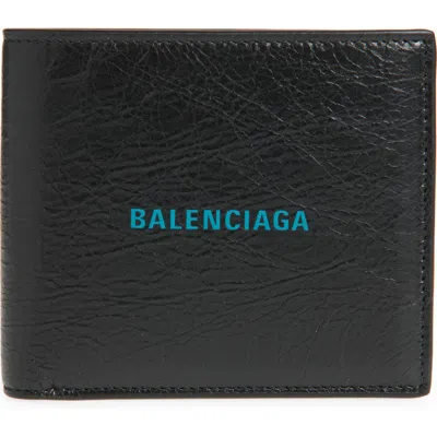 Balenciaga Cash Logo Leather Bifold Wallet In 1074 Black/l Sky Blue