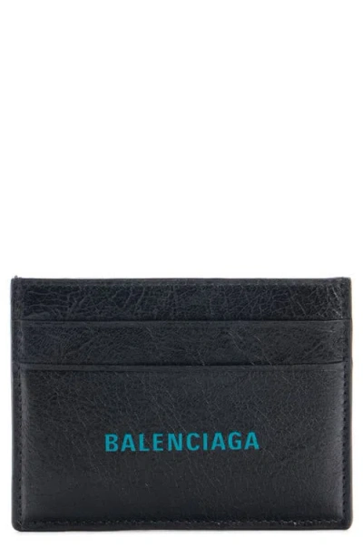 Balenciaga Cash Logo Leather Card Case In Black/l Sky Blue