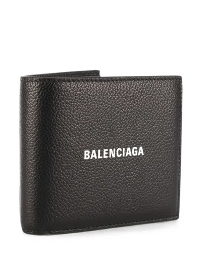 Balenciaga Cash Square Wallet In Grained Leather With Contrasting Logo In Black