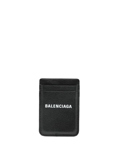 Balenciaga Cash Magnetic Leather Card Holder In Black