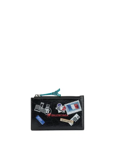 Balenciaga Cash Black Leather Coin Purse With Card Holder In Multi