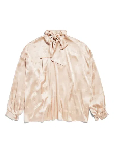Balenciaga Champagne Silk Vareuse Shirt With Lavalli&eagrave;re Collar For Women (ss24) In Beige