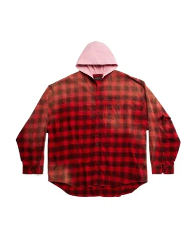Balenciaga Check-pattern Hooded Shirt In Red